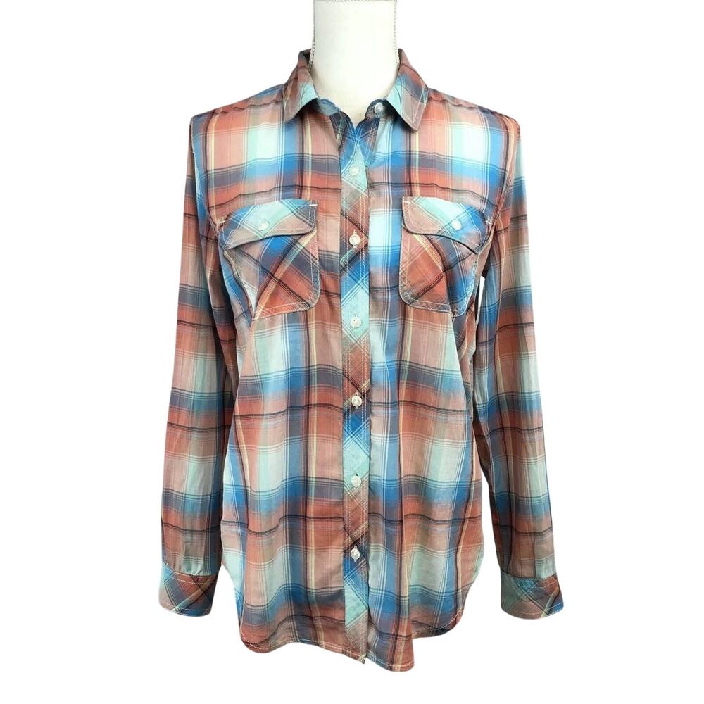 Treasure & Bond Plaid Button Down Shirt 100% Cotton Blue Pink White Womens XS